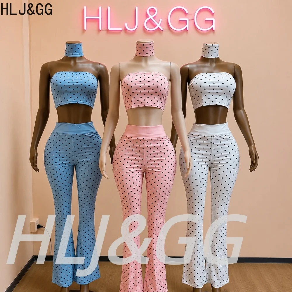 HLJ&GG Y2K Trend Polka Dot Print Tube 3 Piece Sets Women Sleeveless Backless Crop Top And Pants Outfits Streetwear With Hairband
