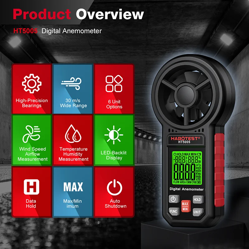 HT5005 Digital Anemometer High-Precision Bear 0.7-30m/s Wind Speed Meter Airflow Temperature Humidity Measurement CFM CMM CMS