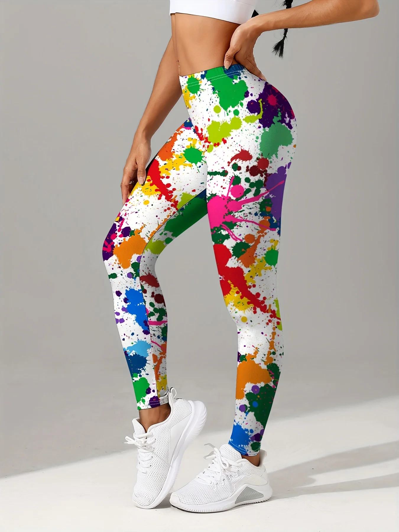 Women's Mid‑Rise Fleece Lined Leggings Colorful Paint Splash Print Stretch Slim Warm Ladies Sports Pants