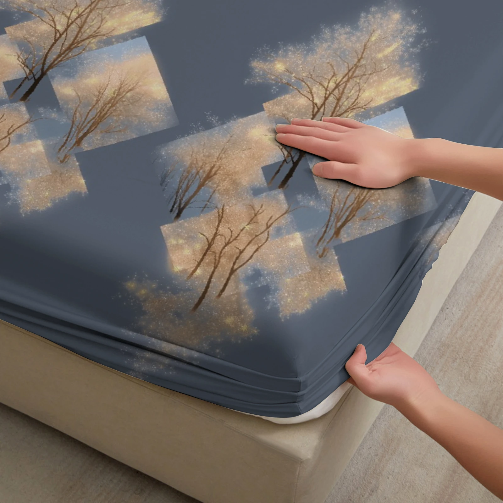 1pc Geometric Trees Print Fitted Bedspread Pocket Elastic Mattress Cover No Pillowcase Single Double Queen King Bedroom Decor