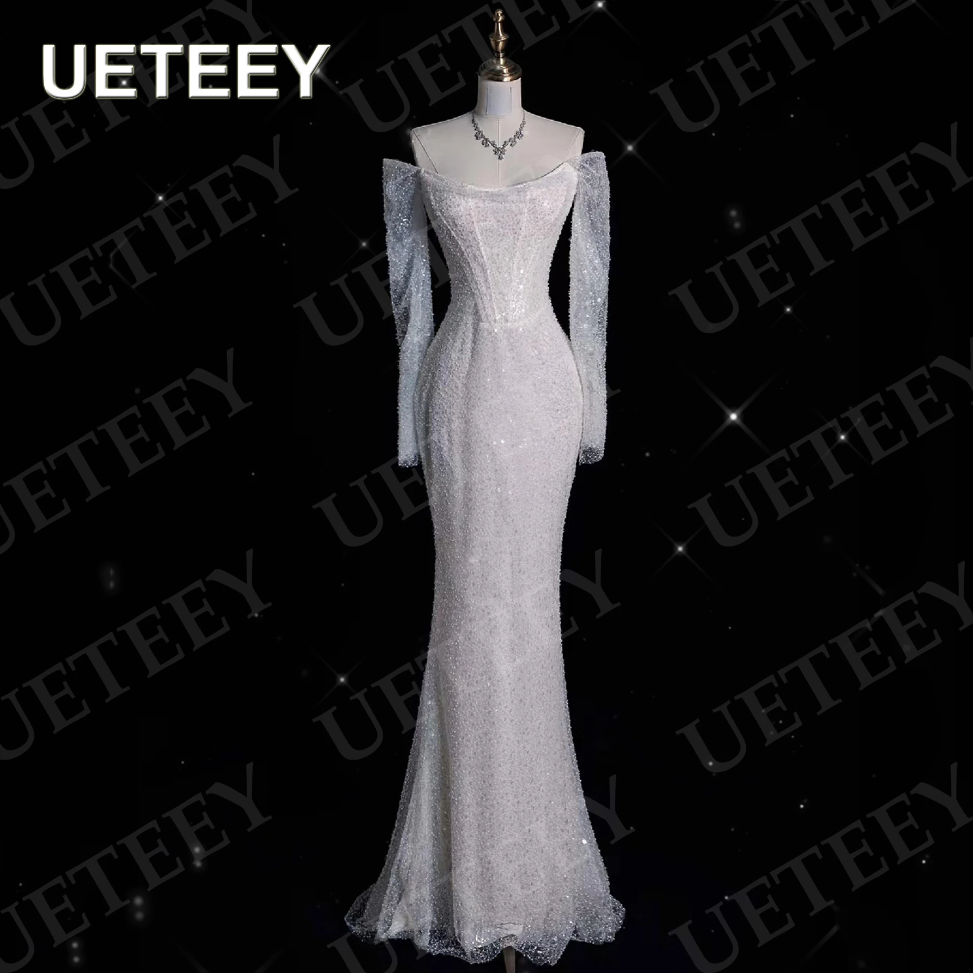 

UETEEY Luxury Wedding Dresses for Women 2025 Off the Shoulder Glitter Mermaid Beaded Long Sleeves Bridal Dress Sequin Customized