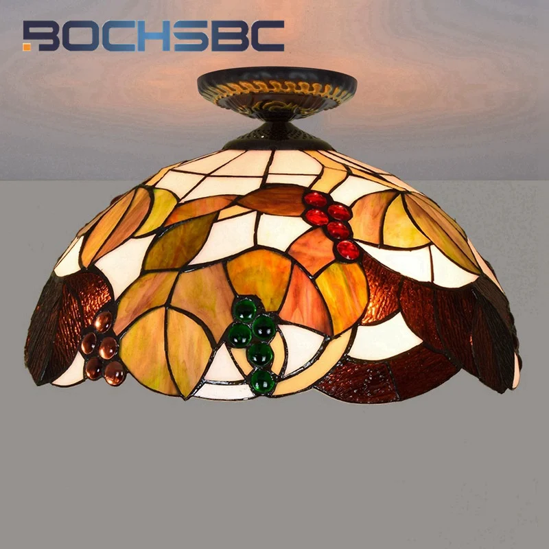 BOCHSBC Tiffany style tawny grape stained glass 16inch flush mount light ceiling light restaurant bedroom hallway LED deco