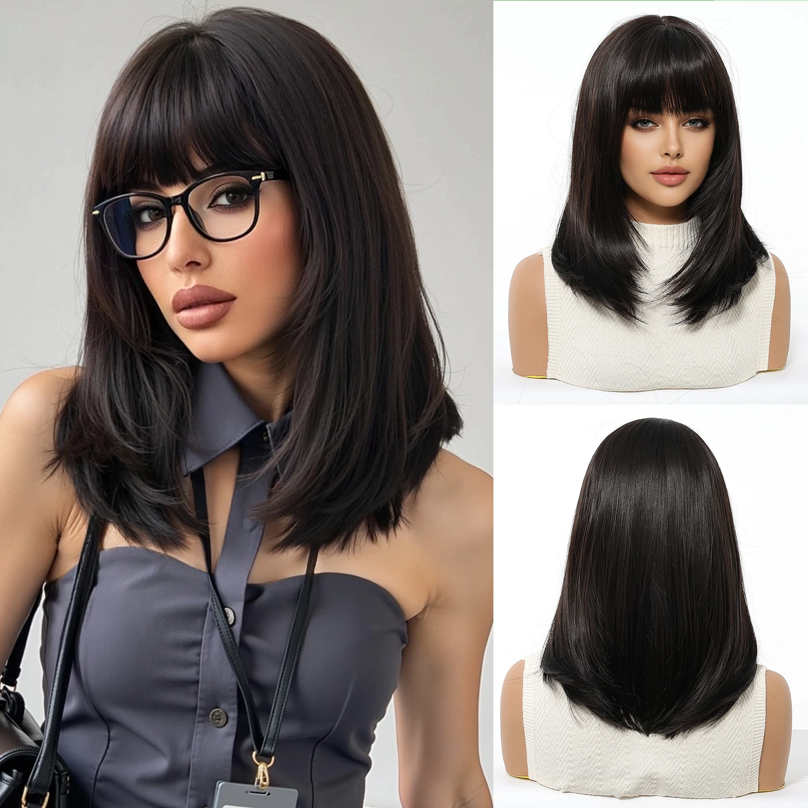 Blonde Brown Ombre Long Straight Synthetic Wig with Bangs
