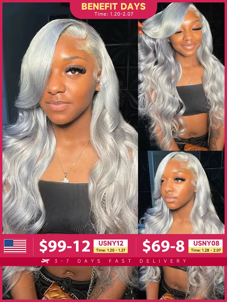 13x6 Silver Grey Colored Lace Front Wigs For Women 613 Blonde Body Wave Remy Transparent Lace Frontal Human Hair Wig Pre Plucked