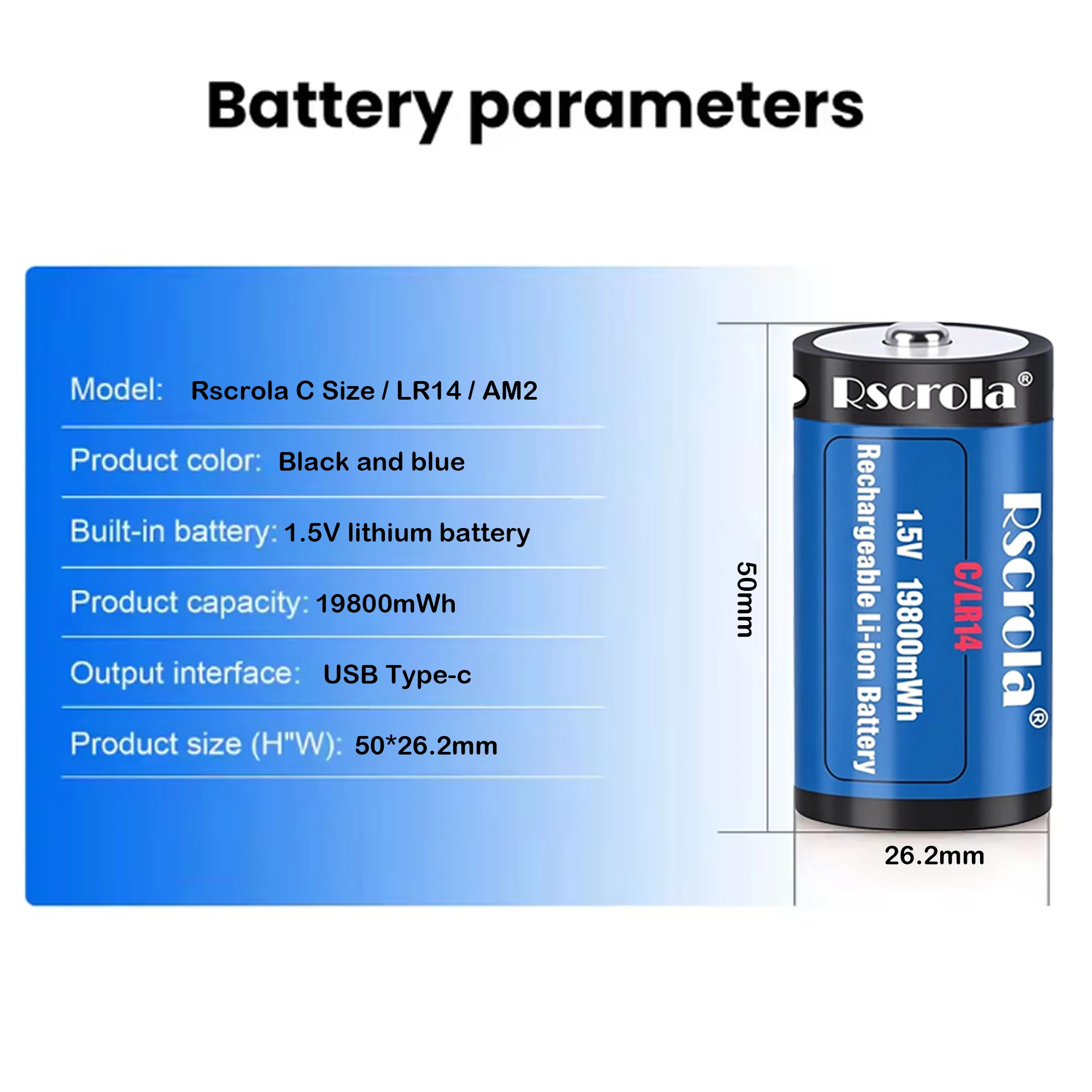 1.5V C Size Li-ion Battery 19800mWh Type C Rechargeable Lithium Batteries C Size Lipo LR14 Battery For Flashlights Gas Stove