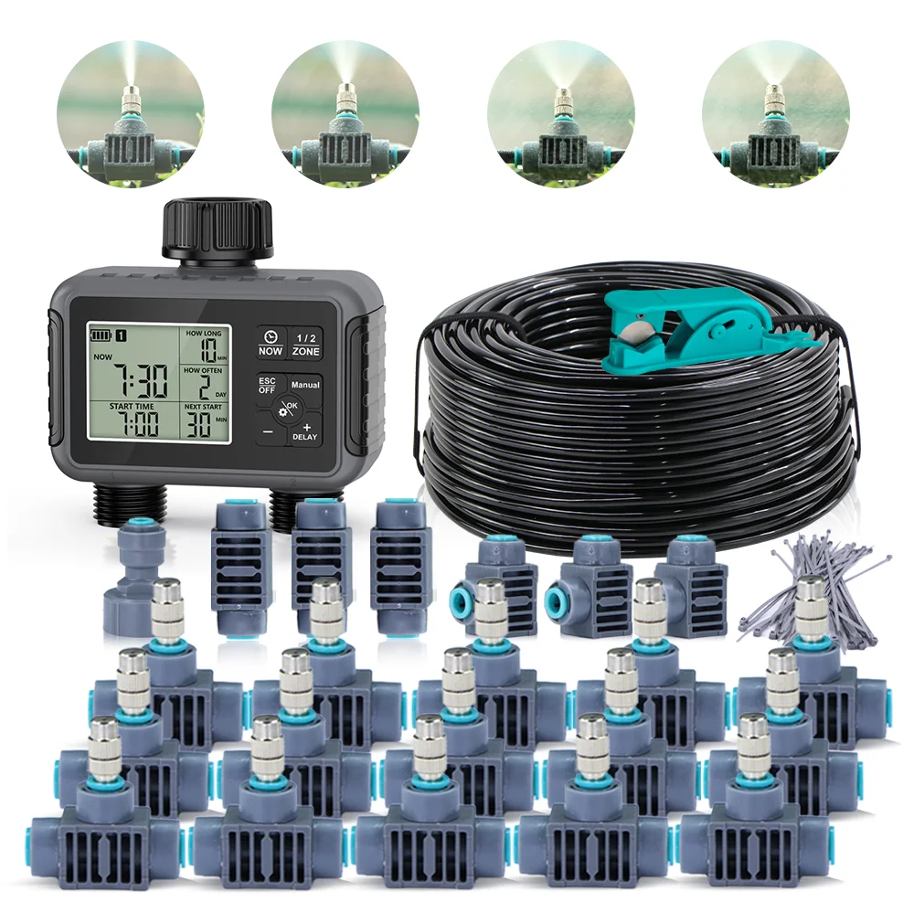 

30m-10m Garden Luxury Dual-Outlet Timer Quick Connect Irrigation Kit LCD Display 1/4" Hose Automatic Watering Cooling System