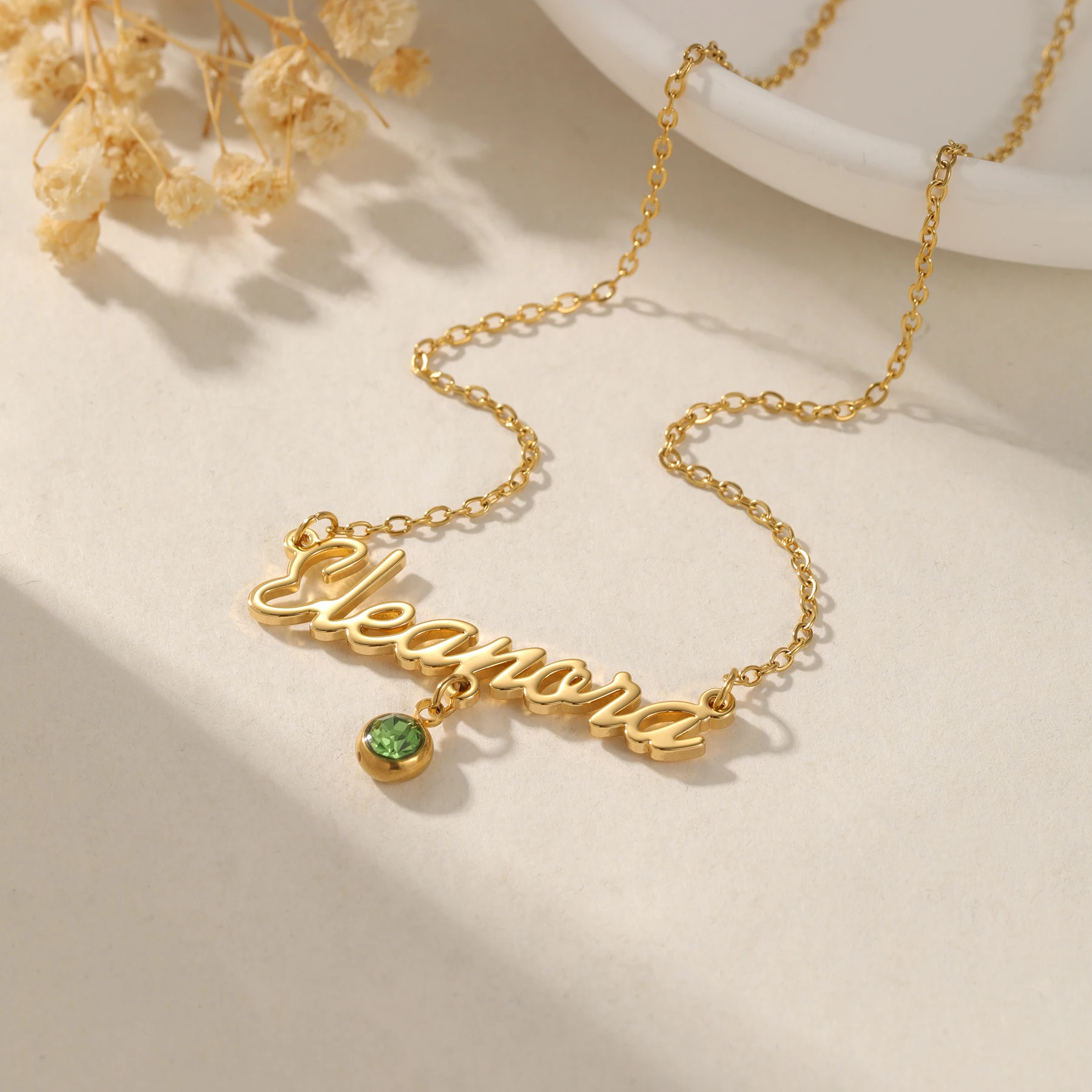 

Custom Name And Birthstone Necklace Personalized Cursive Name Pendant With Gemstone Accent Gold - Plated Chain Jewelry Christmas