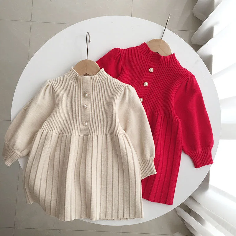 

Girl's Sweater Skirt Spring and Autumn2024New Western Style Baby Girl Knitted Dress Children Red Princess Dress