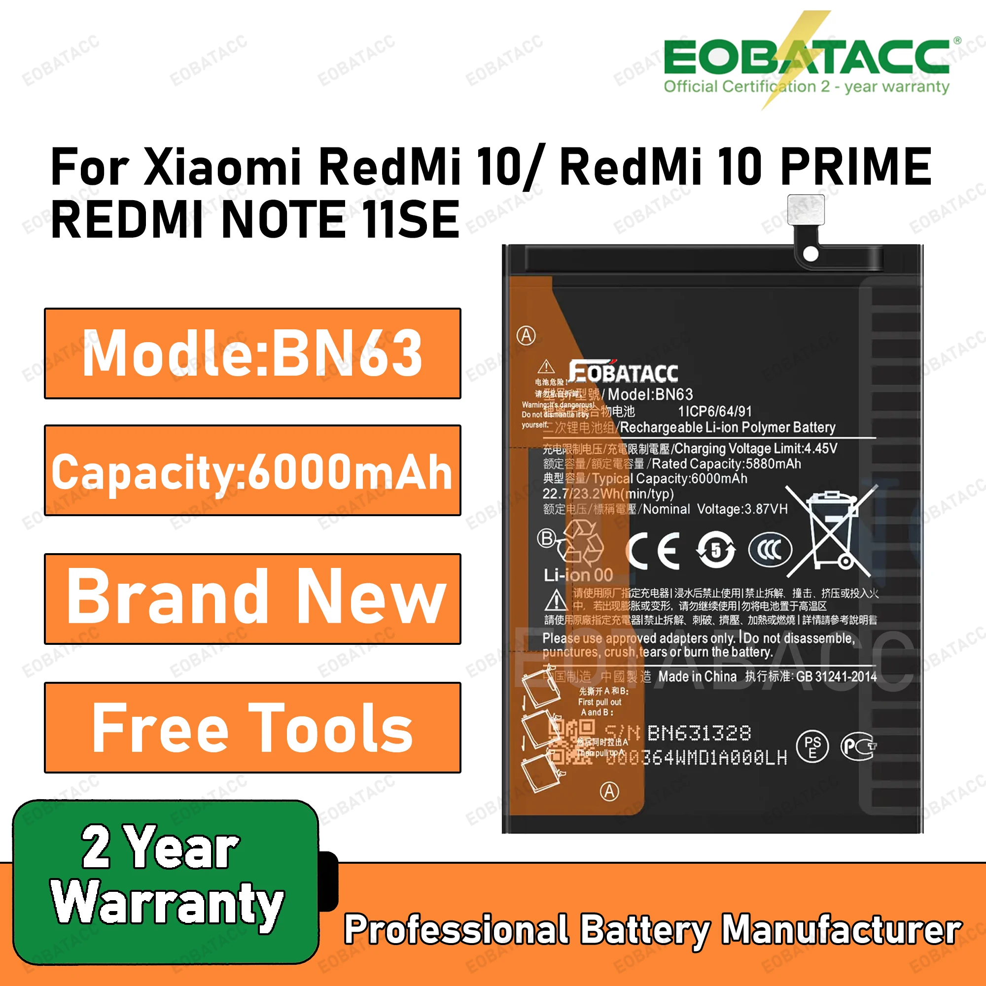 

2025 Years EOBATACC 100% New High Qulity BN63 Replacement Battery 6000mAh For RedMi 10 / 10 Prime Batteries+Free Tools