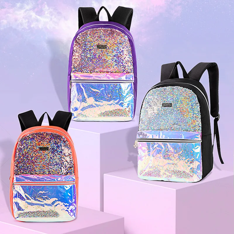 

Small Backpack for Girls Student Glitter Sequin Bookbag Cute Satchel SchoolBag Daypack With Plush Pendant 14inch