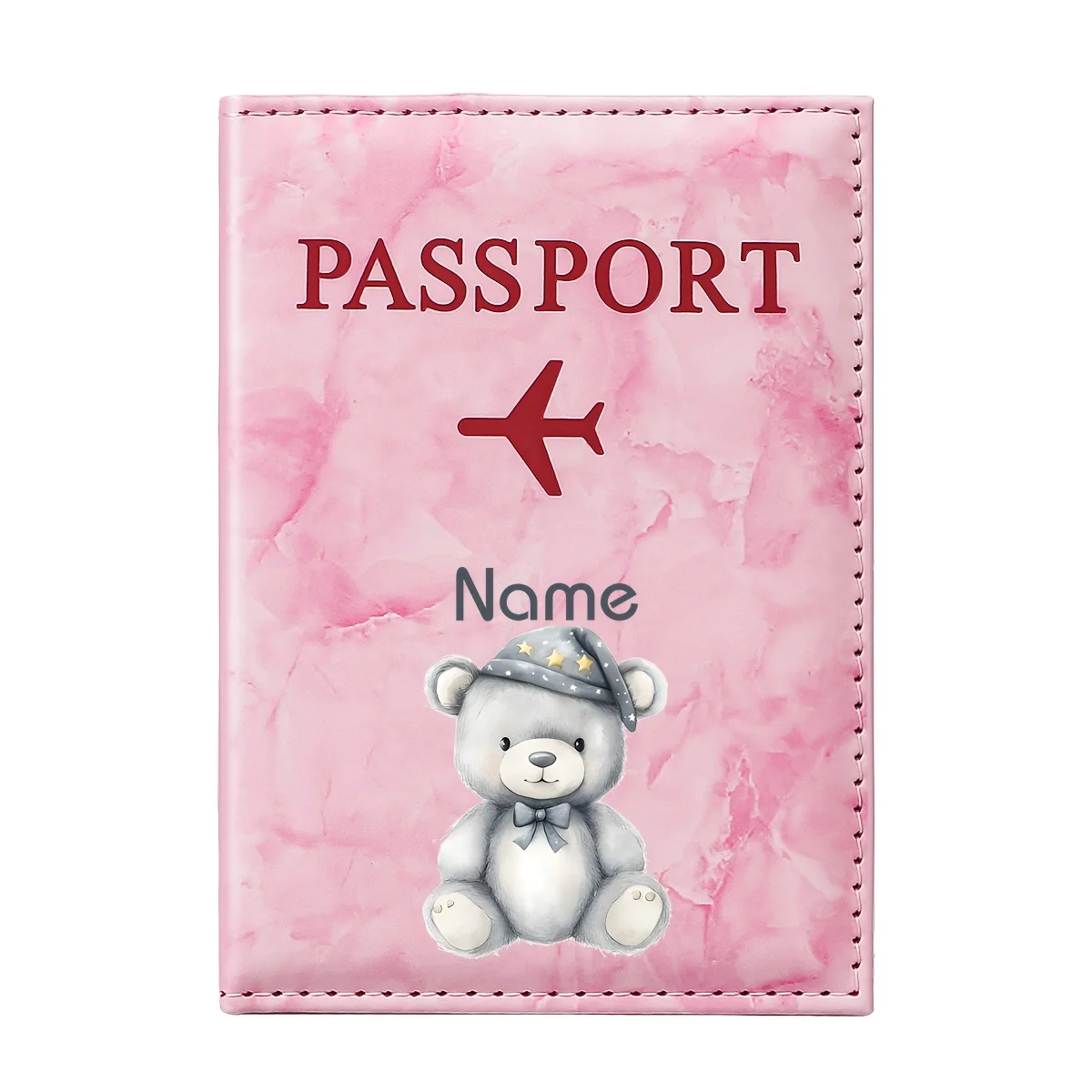 1pc Personalized Name/Initials Bear Passport Holder with Gray Top Hat And Bow - PU Suitable for Honeymoon, Business Trips - Gift