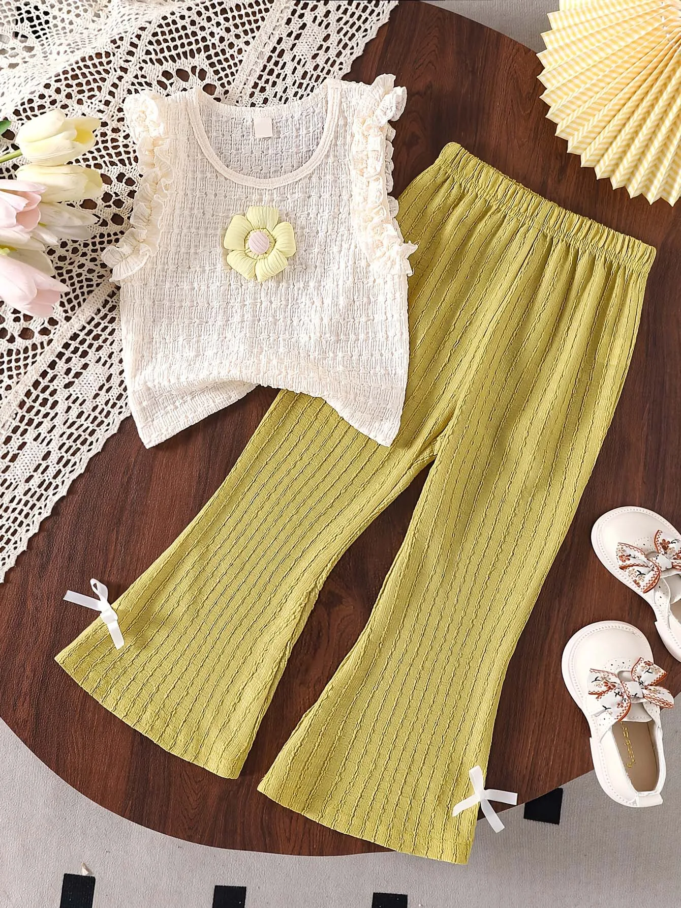 Girls' Spring & Summer Fashion White Ruffled Trim Camisole Top with Fresh Green Pants