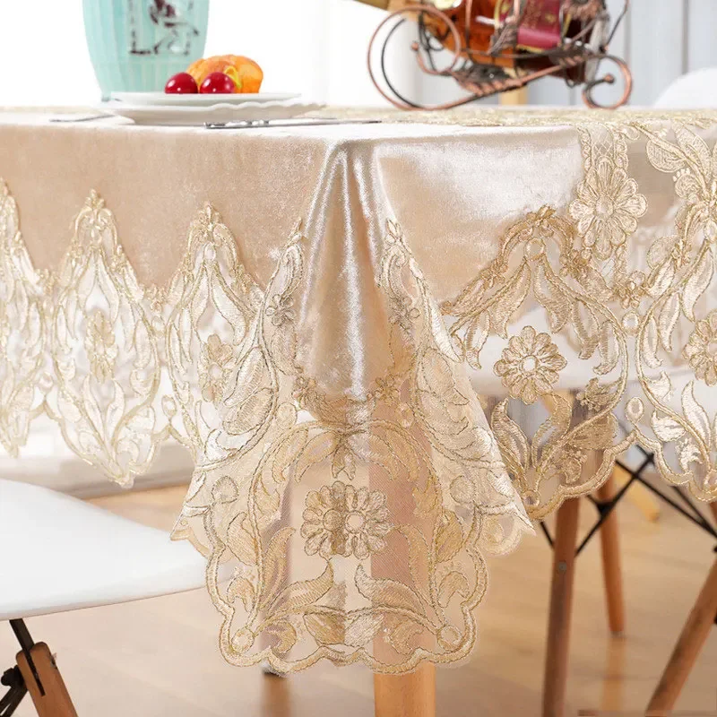 EIFLOY-Luxury Velvet Table Cloth for Party, Dining Table Cover, Embroidery Lace Tablecloth, Rectangular Round, Soft, Event Decor