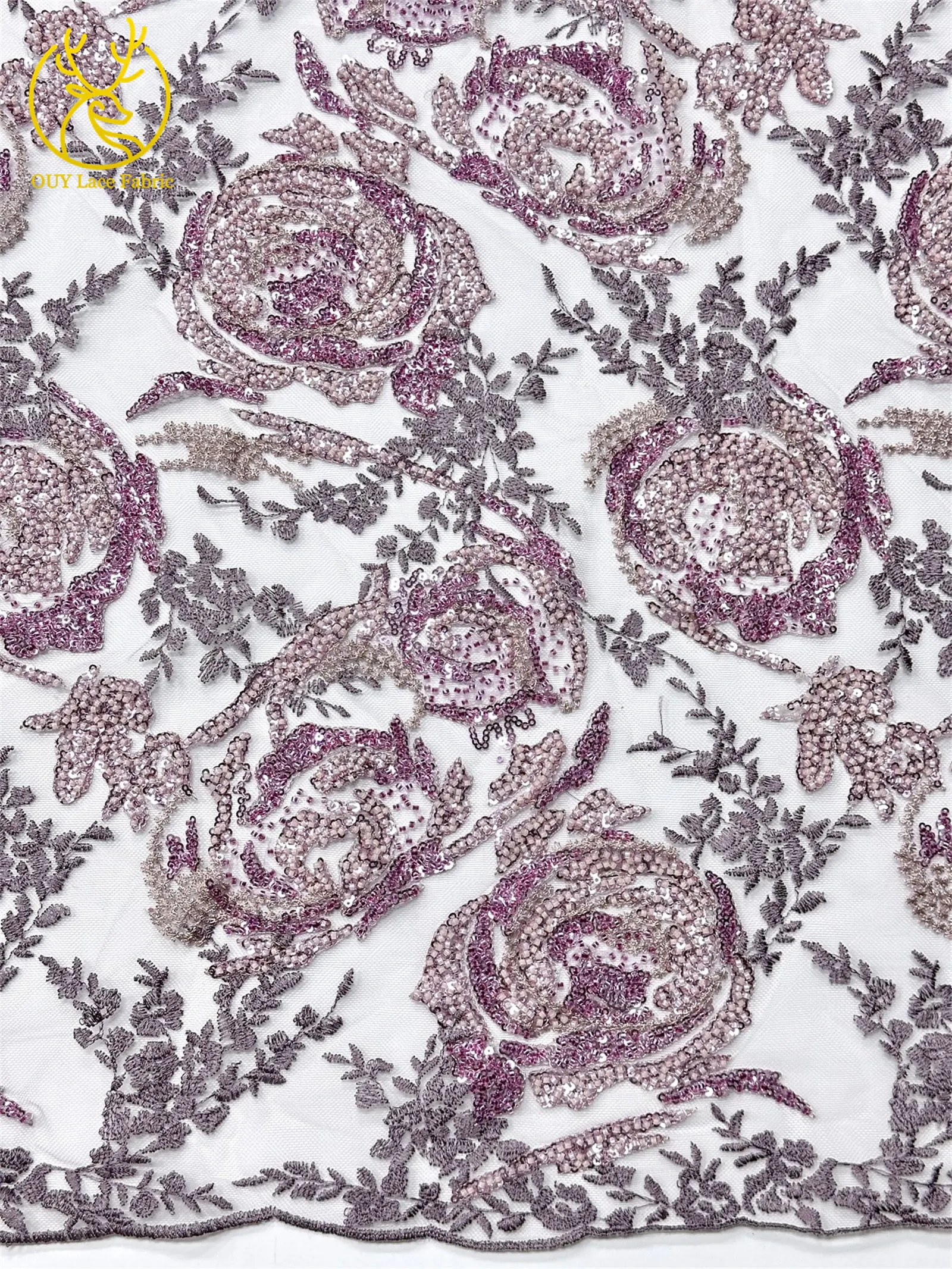 Modisches Kleid mit Stickerei, Spitze und Pailletten, Afrikanischer Spitzenstoff 2026, Rosa Französische Perlen-Spitze, Nigerianisches Partykleid, Nähzubehör 5Y – Detail 7