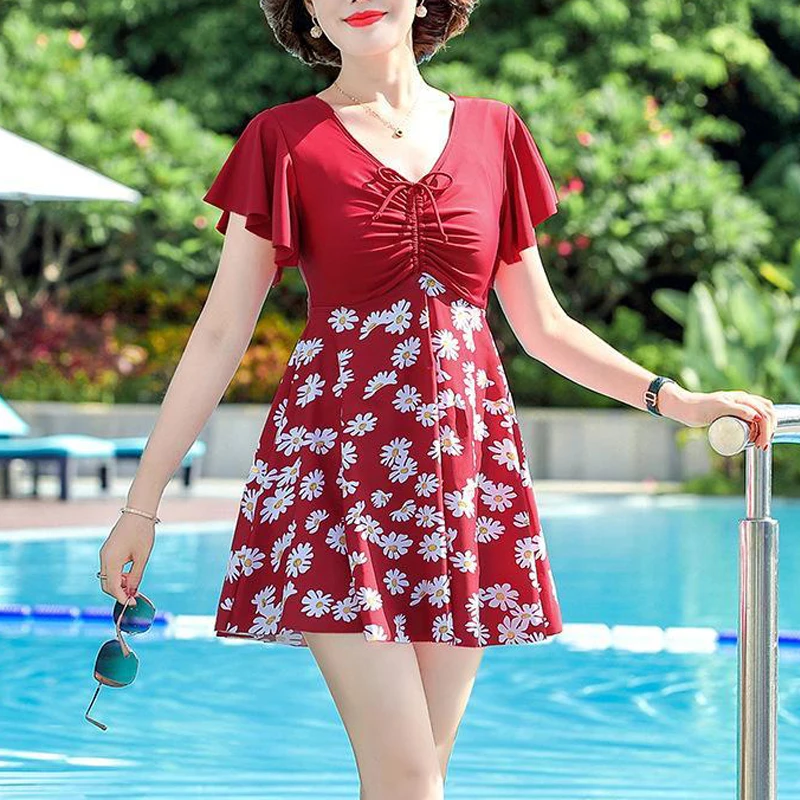 Women Floral Print Patchwork Lace Up Two Piece Swimsuit 2023 Summer Elegant Fashion Short Sleeve Slim Beach Mini Dress Swimwear