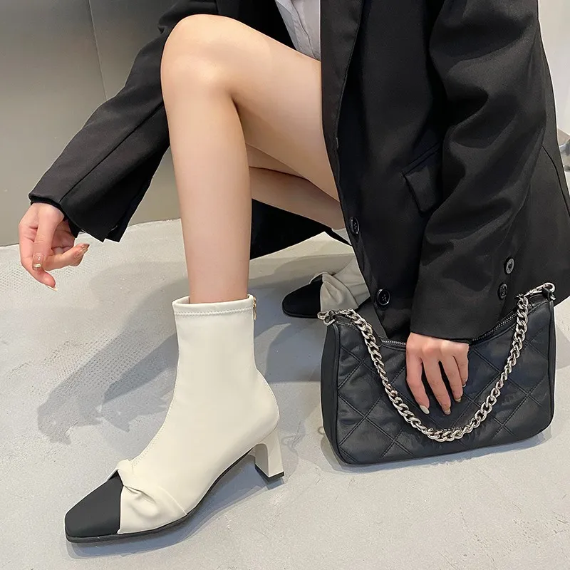 New Style Fashion Women's Autumn Chunky Single Boots Pointed Suede Splicing Anti-slip Wear-resistant Ankle Boots Zapatos Mujer