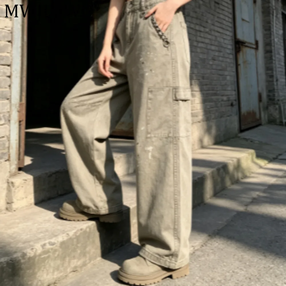 MWJLPWQ Hand-Painted Distressed Straight Wide-Leg Pants Men Trend Punk Frayed Metal Ring Pockets Unique Loose-Fit Trousers 20951