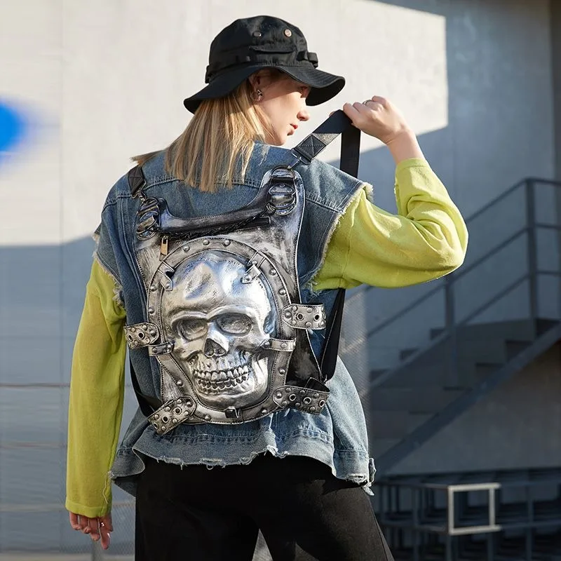 

New Men's and Women's Personalized Double-Strap Backpack, Halloween Celebration Dimensional Skull Head PU Waterproof Bag