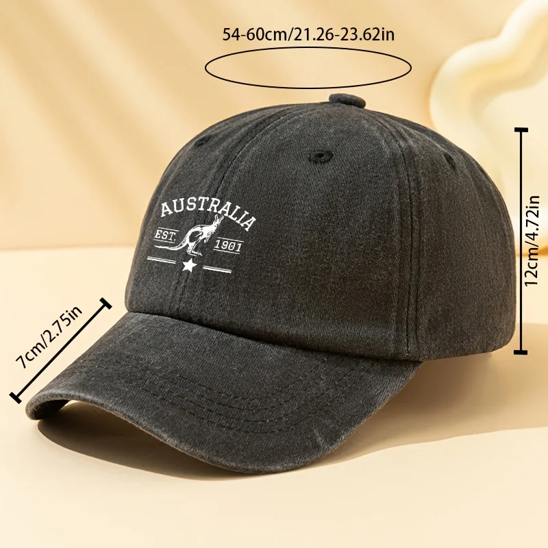 A Stylish Unisex Printed AUSTRALIA Kangaroo Baseball Cap, Featuring a Classic Vintage Washed Design, Lightweight And Curved Brim