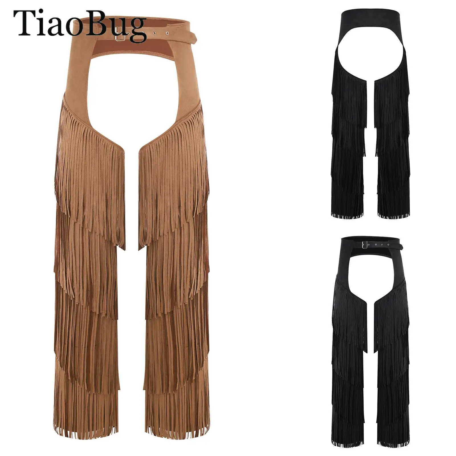 

Men Vintage Western Cowboy Chaps Gothic Steampunk Fringe Open Crotch Pants Motorcycle Biker Trousers Halloween Carnival Dress Up