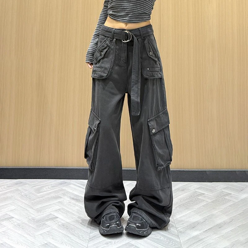 2025 autumn and winter new street versatile multi-pocket tooling jeans women's casual loose and thin wide-leg trousers