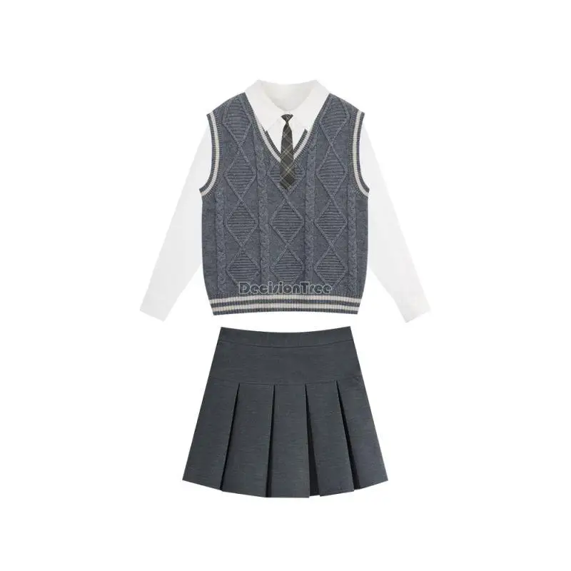 2023 japan korea sweet tie shirt + v-neck grey sweater waistcoat vest casual retro fahsion style knit uniform jk two pieces set