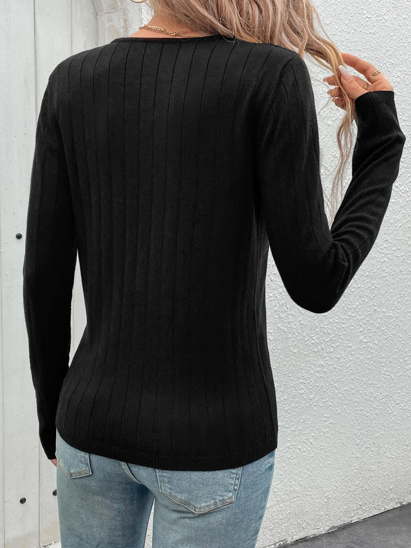 V-neck Black Knit Sweater Women New Autumn Winter Long Sleeves Slim Top Street Casual Knitted Pullover Female for Sweater