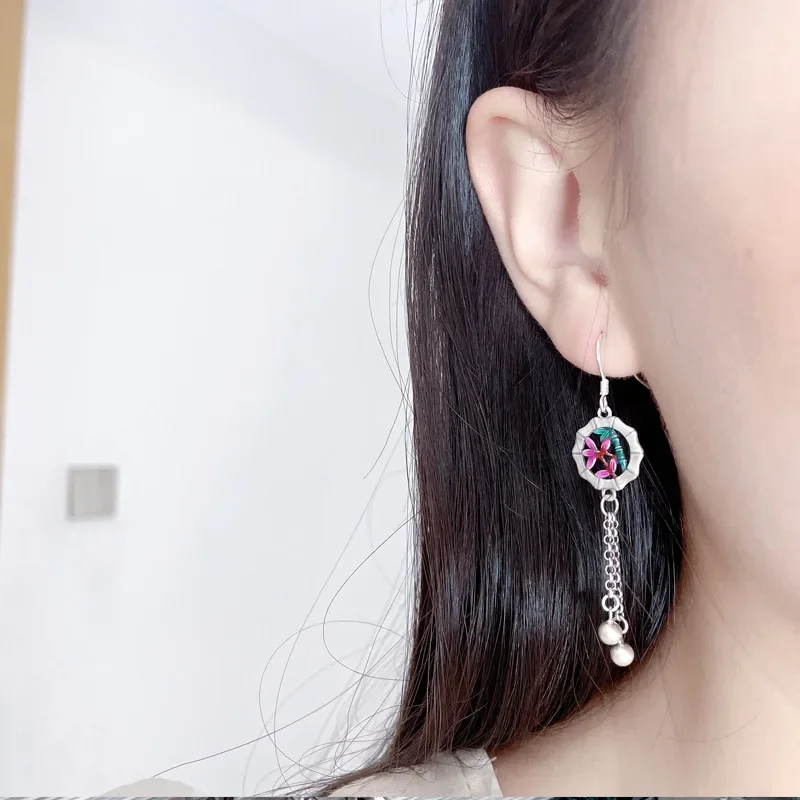 

925 Sterling Silver Enamel Flowers Bamboo Hanging earrings Ethnic Vintage Long Tassel Ear Jewelry Gift For Women EH191