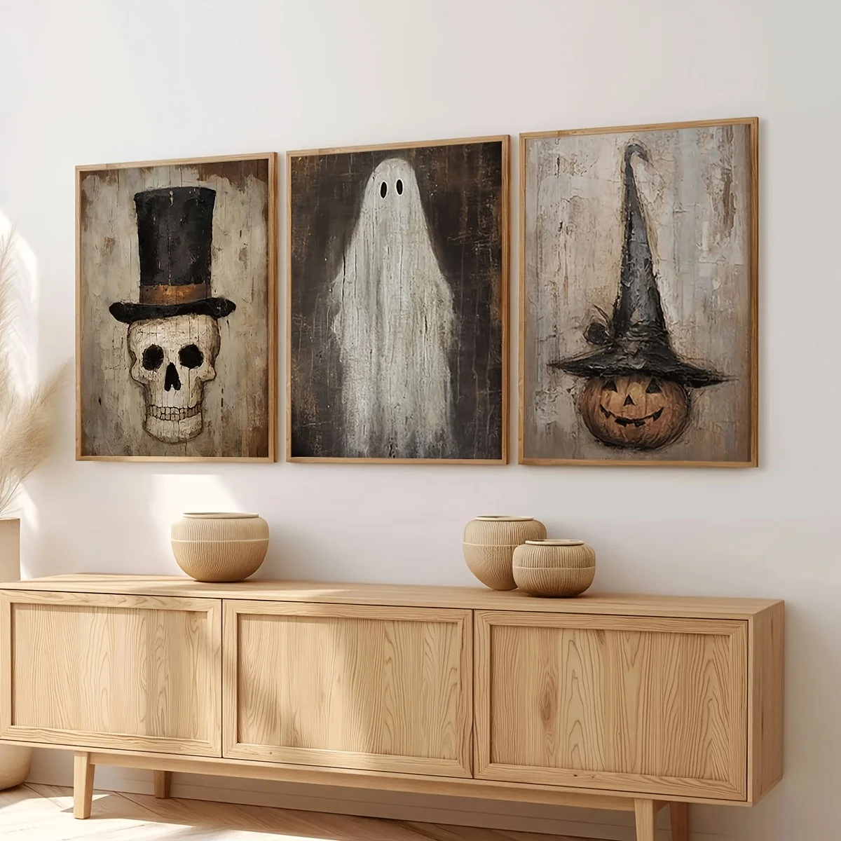 فرملس [ديكور الهالوين العتيق] طقم مكون من 3 قطع ديكور حائط عتيق للهالوين |   الهياكل العظمية والأشباح والمطبوعات الفنية على شكل فانوس اليقطين - مخيف