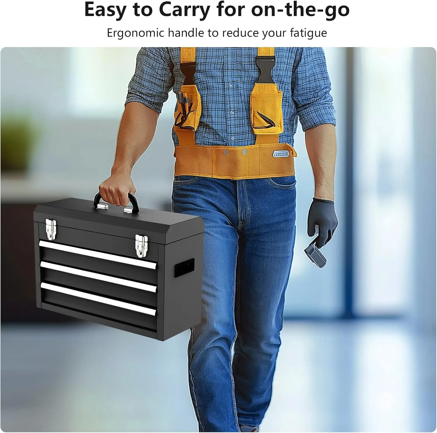 3-Drawer Heavy Duty Steel Tool Box with Ball Bearing Slides and Locking Mechanism, Portable Black Tool Chest