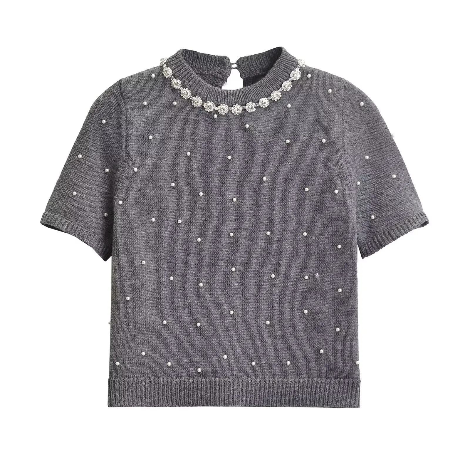 Tangada 2024 New Women Gray Beading Knitted Sweater Short Sleeve Female Crop Pullovers AI037