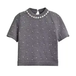 Tangada 2024 New Women Gray Beading Knitted Sweater Short Sleeve Female Crop Pullovers AI037