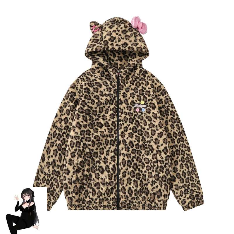 Leopard Jacquard Pattern Thick Cotton Cardigan Zipper Hoodie for Men Women Winter Outdoor Keep Warm Pullovers Cat Ear Hat