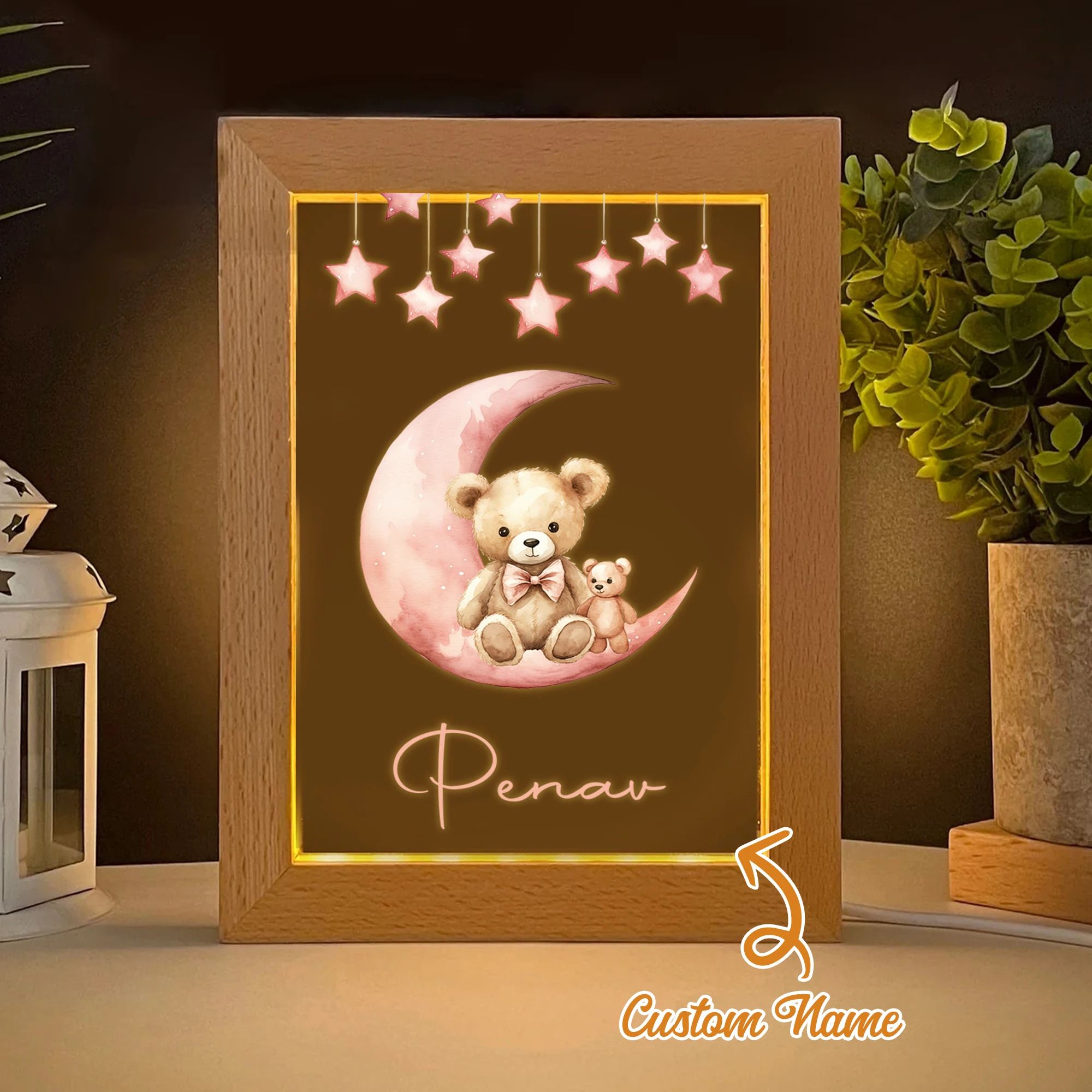

Pink Moon Bear LED Night View Photo Frame Personalized Gift Family Living Room Bedroom Dining Room Home Decor