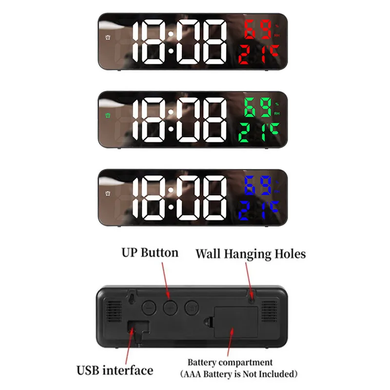 1pc Led Large Screen Digital Mirror Wall Clock Adjustable Brightness Temp Humidity Date Display Alarm Clocks Home Decoration