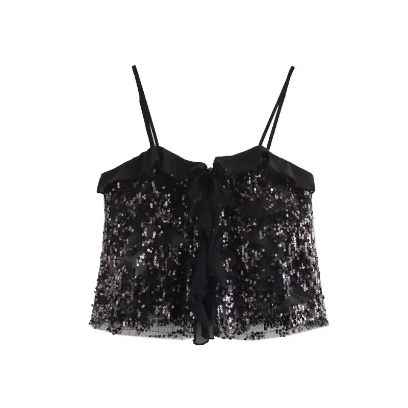Topenomi Sexy Sequins Camis Crop Top Women Spring Summer Sweet Sleeveless Spliced Ruffle Slim Fit Vest Backless Fashion Tanks
