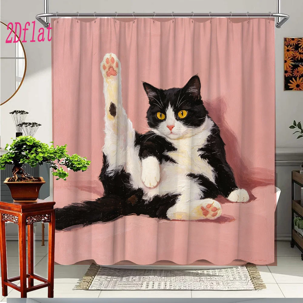 Cute Funny Cat Portrait Shower Curtain Bathroom Decor Novelty Pet Art Waterproof Curtain for Modern Home Bathroom