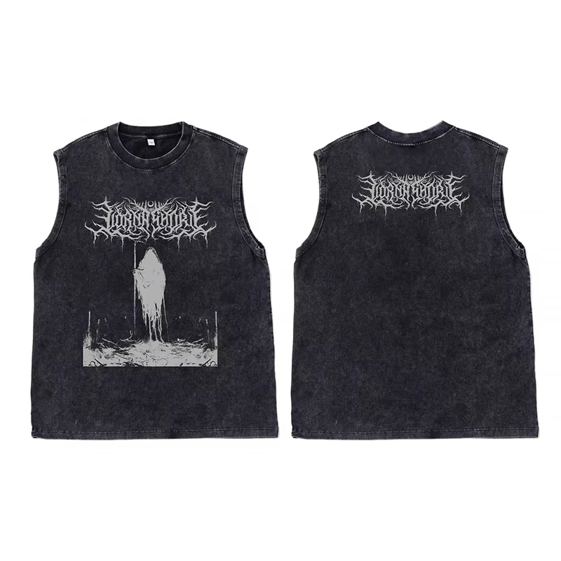 سترة رجالية كلاسيكية معدنية سوداء مغسولة لصيف 2025 تي شيرت نسائي كبير الحجم بدون أكمام برقبة دائرية ملابس فضفاضة Y2k