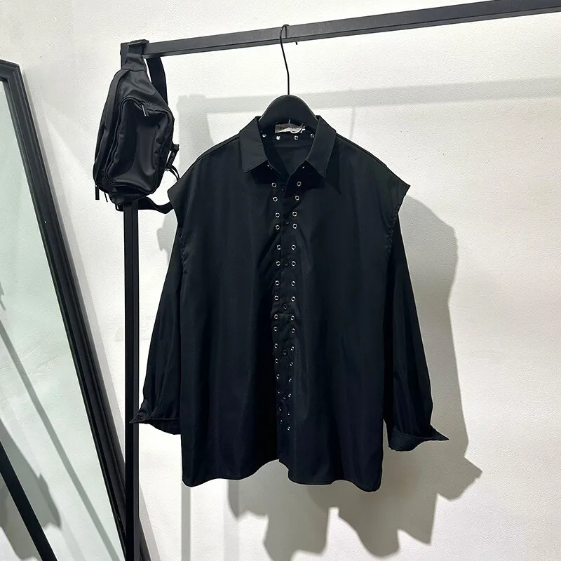 High Street Shirts Men's Spring Fashion Splicing Fake Two-piece Loose Long Sleeved Shirt Dark Workwear Rivet Shirts Top