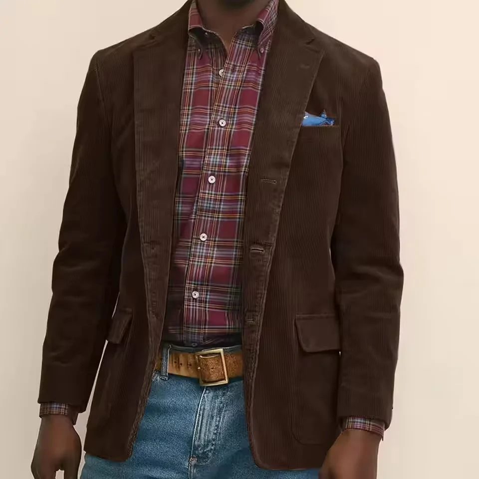 Men's Corduroy Blazer Jacket Single Breasted Notched Lapel Coat Business Casual Suit Outerwear Coat For Banquet Wedding Party