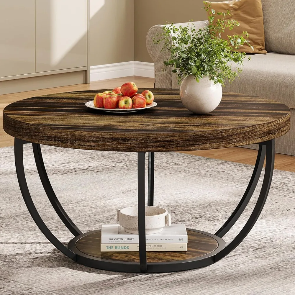 

Round Coffee Table, 31.7" Wooden 2-Tier Circle Coffee Table with Storage Shelves, Modern Accent Cocktail Table Center Table for