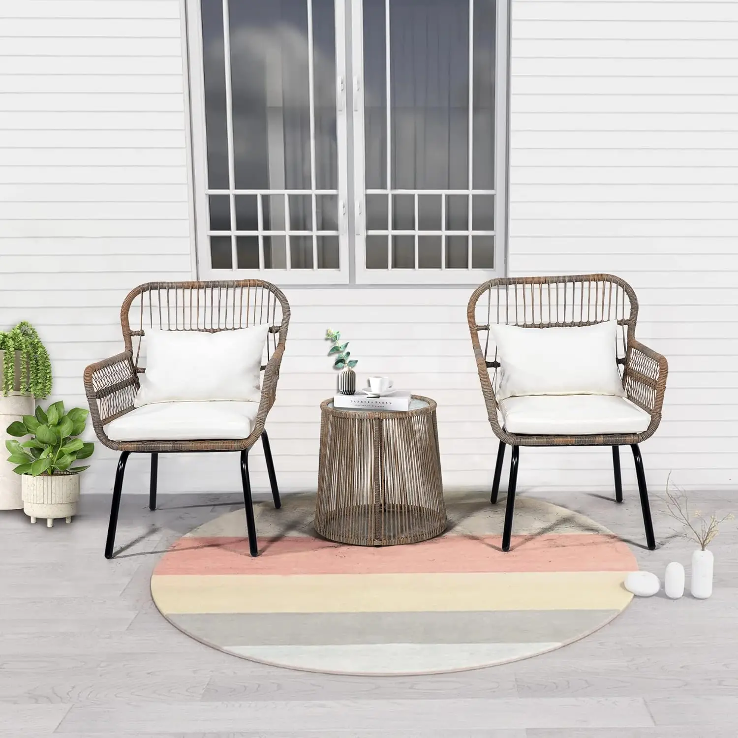 3 Pieces Rattan Wicker Bistro Set, Outdoor Conversation Set, Wicker Furniture Set with Glass Top Table, Space Saving for Balcony