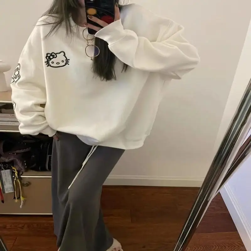 Felpa con cappuccio Sanrio nuova Felpa con cappuccio Hello Kitty stile dolce maniche lunghe larghe colletto tondo ragazza stampa felpa con cappuccio stile primavera e autunno