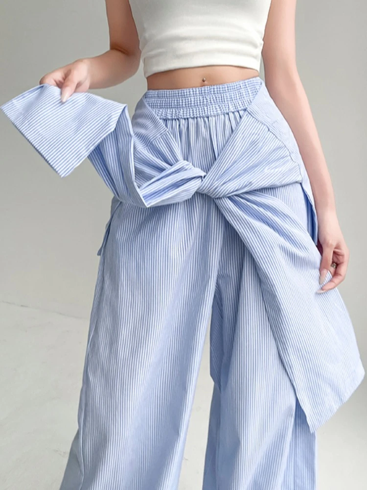 

Синие полосатые широкие брюки с эластичной резинкой на талии, женские летние брюки из ледяного шелка с ремешком, свободные повседневные брюки длиной до пола