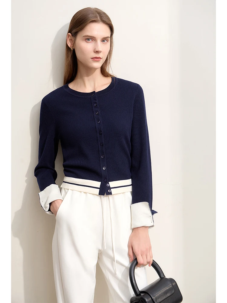 Amii-Cardigan en Tricot Minimaliste pour Femme, Col Rond, Épissé, Court, Rayé en Laine, Slim, Manches sulf, Nouvelle Collection Automne 2024, Y-12443022