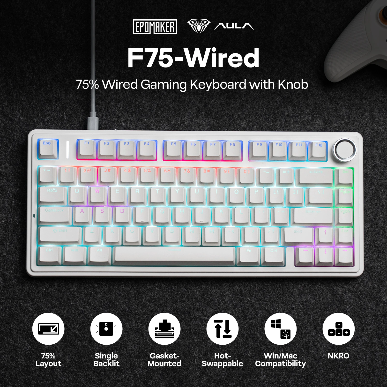 Teclado Mecánico EPOMAKER x AULA F75, Solo Cableado, 75% ANSI, Distribución US, Gasket, Hot-Swap, para Mac/WIN/Android con Perilla 3