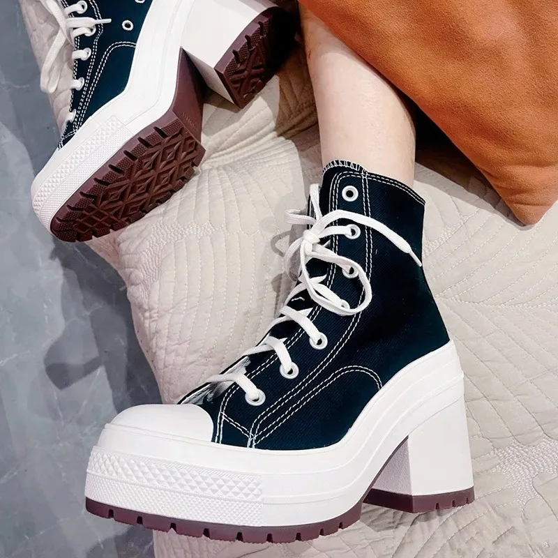 

2026New Women's Shoes Classic High-top Canvas Shoes Fashion Thick Soled High-heeled Casual Shoes Lace-up High-heeled Ankle Boots