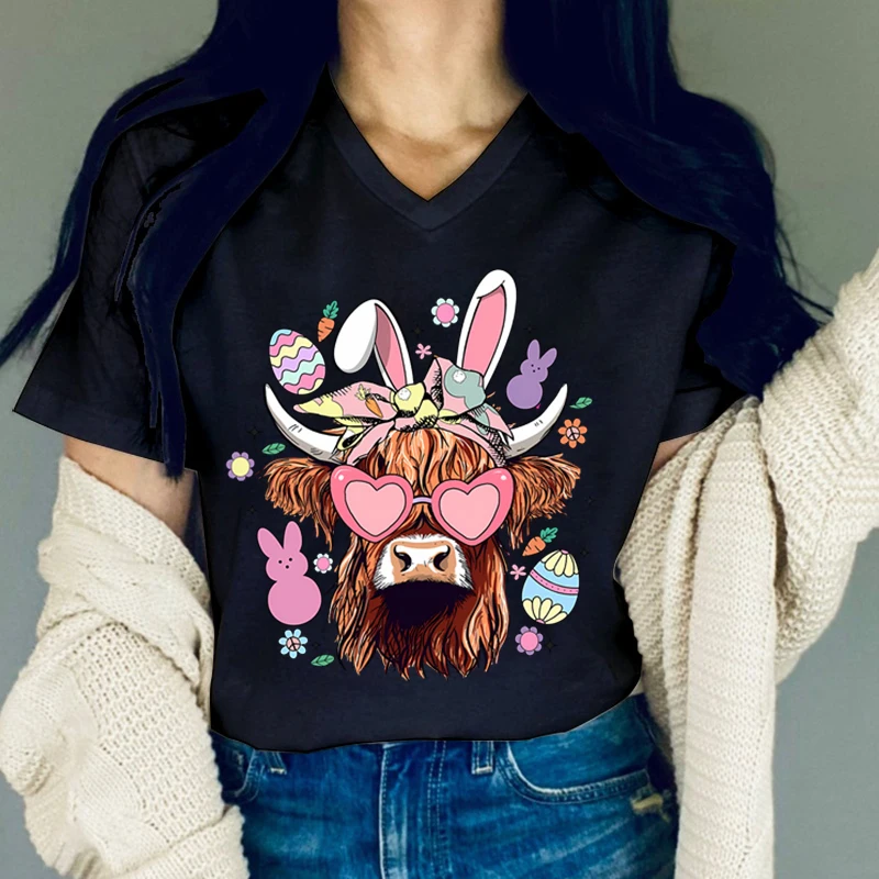 

Женская футболка, модная повязка на голову с кроликом, топ с кавайным принтом коровы, футболки с v-образным вырезом и коротким рукавом, повседневная женская винтажная блузка