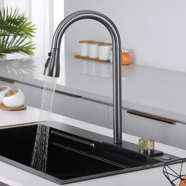 Under the stage, the stainless steel kitchen hot and cold sink pulls the four-mode outlet double-hole sink faucet of Feiyu Water