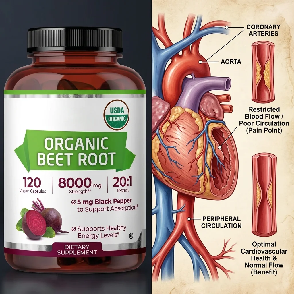 Organic Beet Root - Supports Cardiovascular Health & Healthy Blood Flow - 8000mg with Black Pepper 20:1 High Potency - 120 Ct